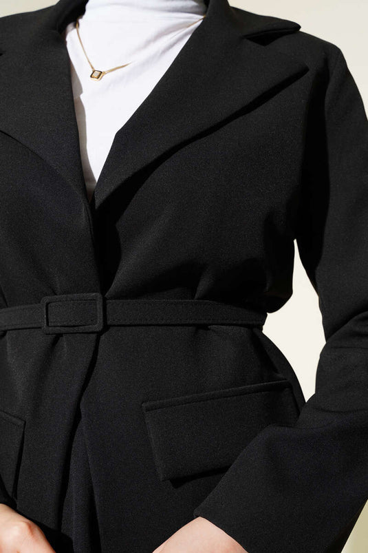 Cep Kapaklı Kemerli Ceket Etek Takım Siyah