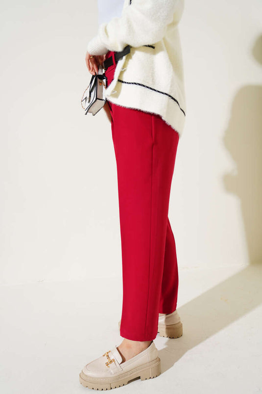 Belted Pants with Zipper Closure Burgundy