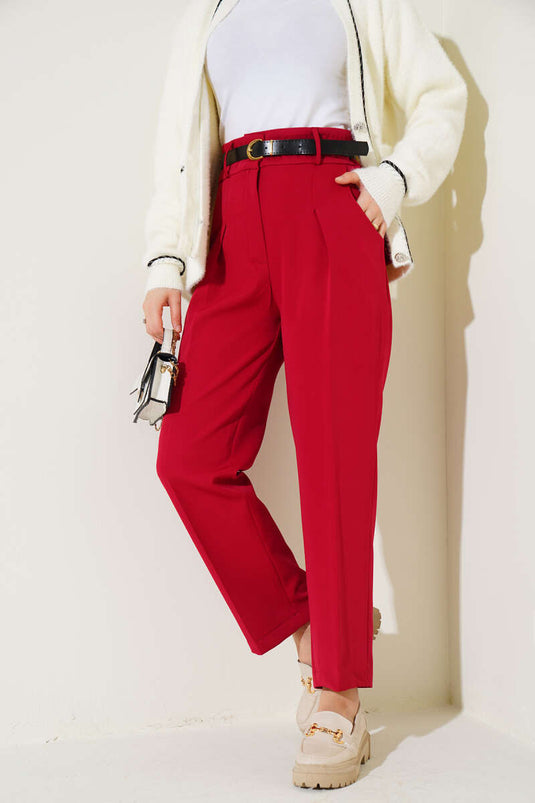 Belted Pants with Zipper Closure Burgundy
