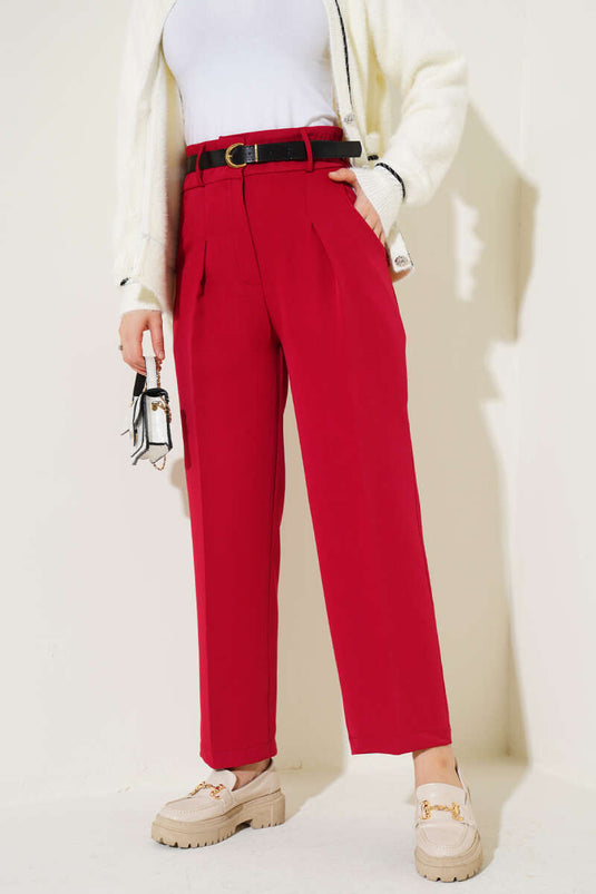 Belted Pants with Zipper Closure Burgundy