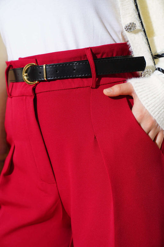 Belted Pants with Zipper Closure Burgundy