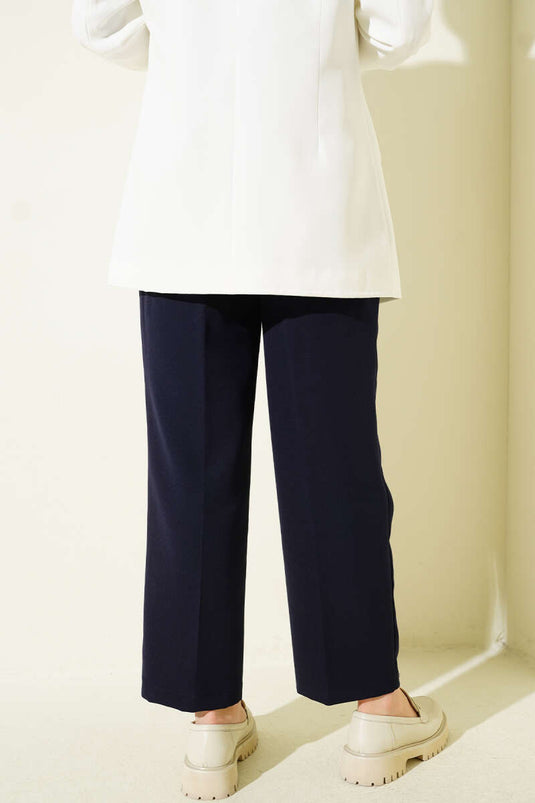 Pocketed Pants with Belt and Snap Fastener Navy Blue