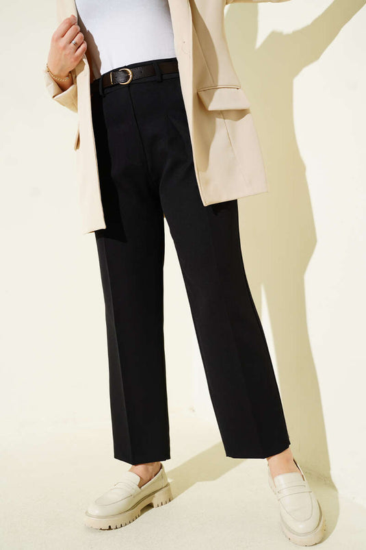 Pocketed Pants with Belt and Snap Fastener Black