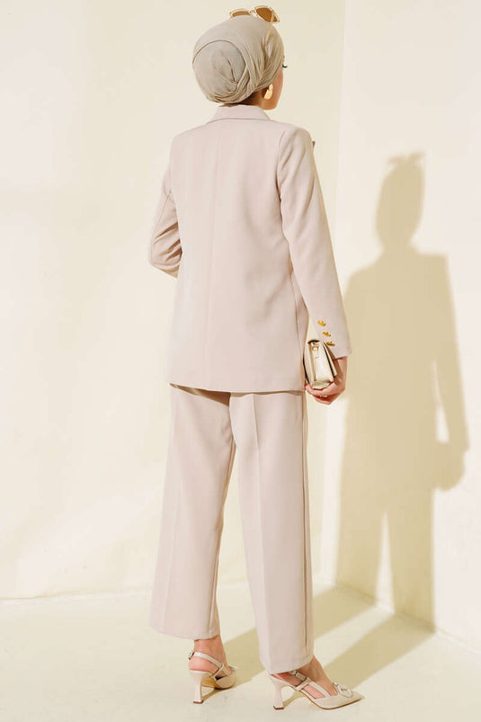 Beige Double-Breasted Jacket Set with Pocket Flap