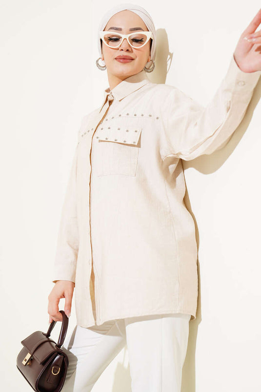 Beige Shirt with Metal Detail and Buttoned Cuffs