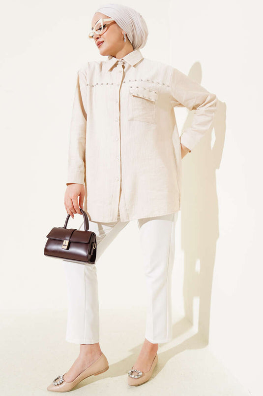 Beige Shirt with Metal Detail and Buttoned Cuffs