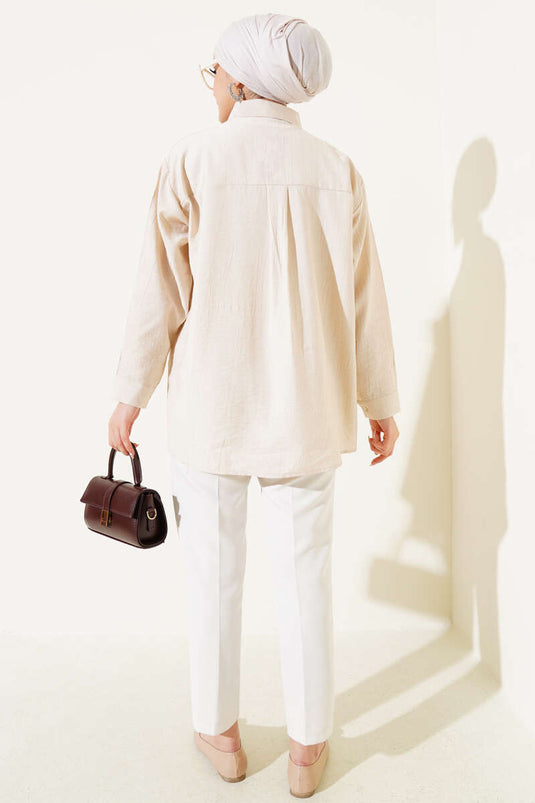 Beige Shirt with Metal Detail and Buttoned Cuffs
