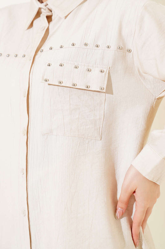 Beige Shirt with Metal Detail and Buttoned Cuffs