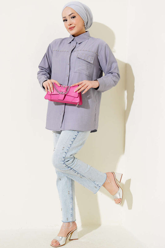 Shirt with Metal Detail and Buttoned Collar Gray