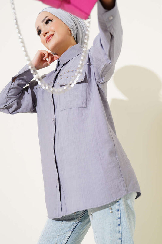 Shirt with Metal Detail and Buttoned Collar Gray