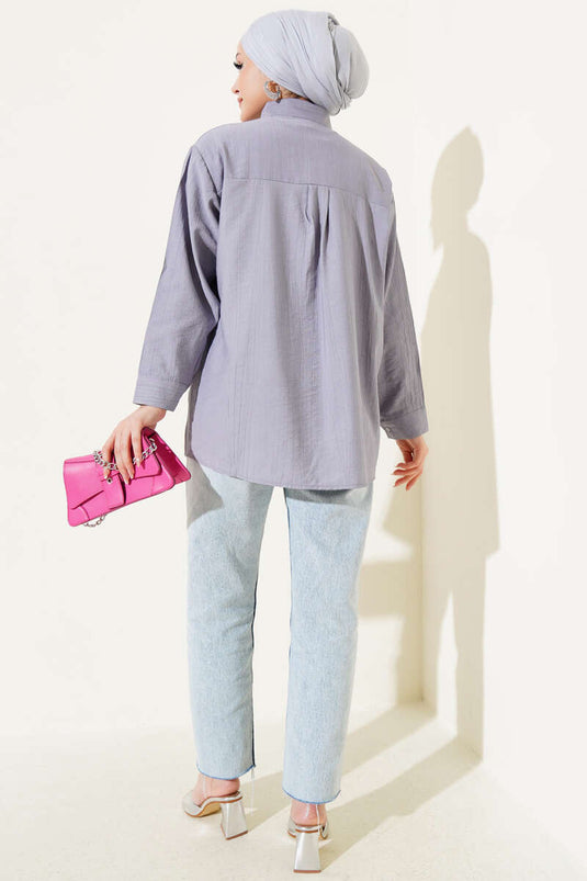 Shirt with Metal Detail and Buttoned Collar Gray