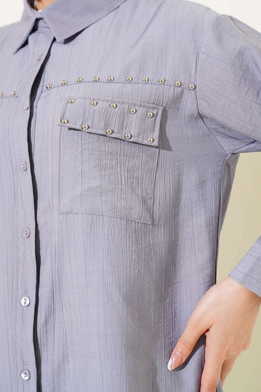 Shirt with Metal Detail and Buttoned Collar Gray