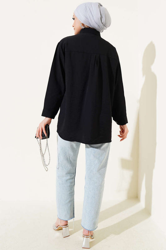 Shirt with Metal Detail and Buttoned Cuffs Black