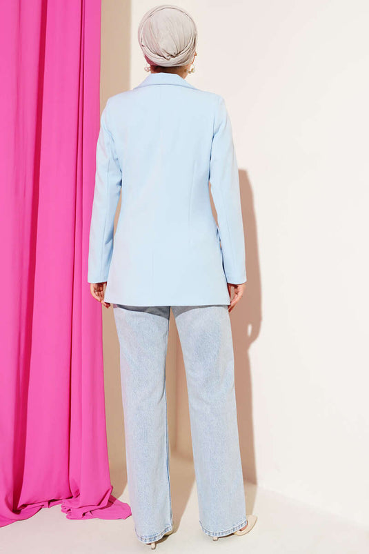 Single-Button Blazer Jacket with Pocket Flaps, Baby Blue