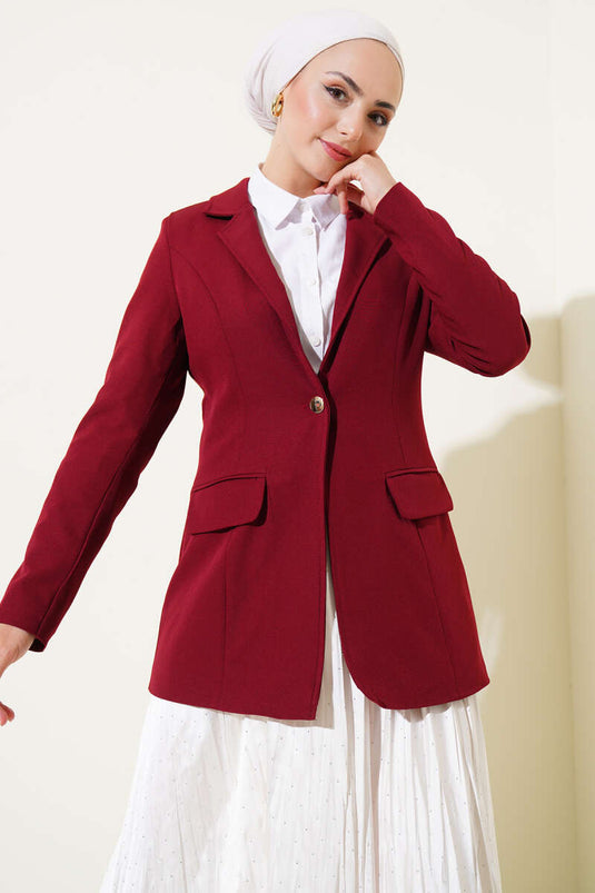 سترة بليزر بزر واحد مع جيوب برغندي