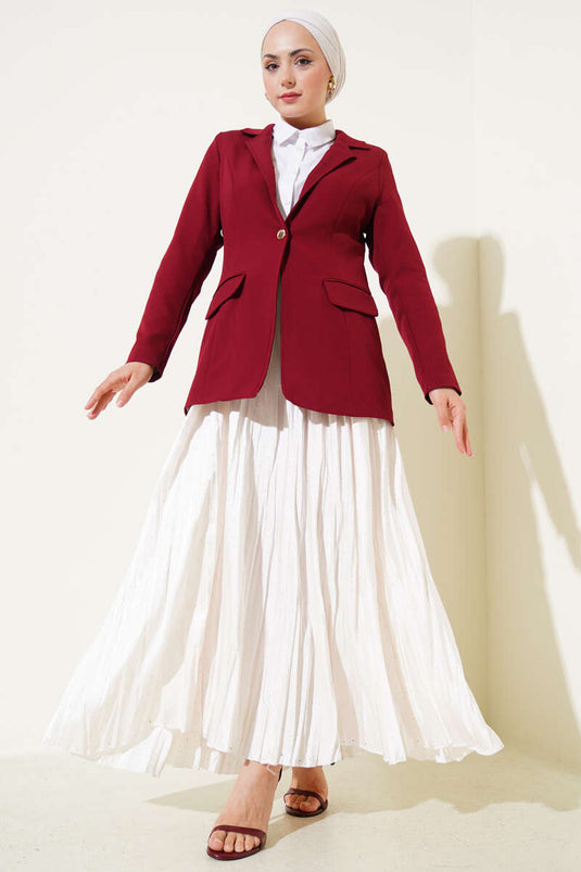 سترة بليزر بزر واحد مع جيوب برغندي