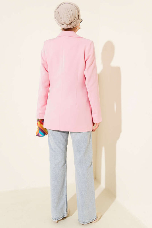 Single-Button Blazer Jacket with Pocket Flaps, Pink