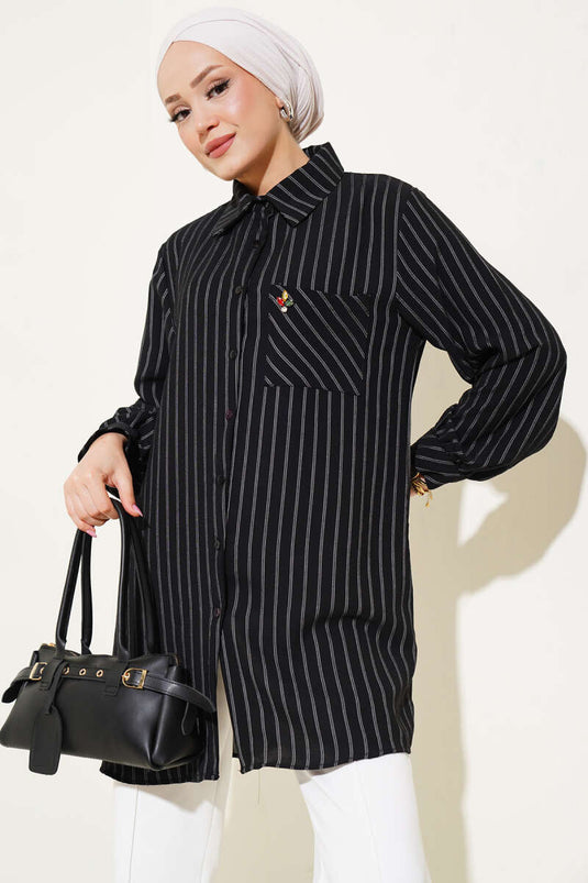 Pocket Stone Detailed Striped Shirt Black