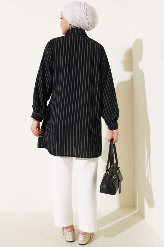 Pocket Stone Detailed Striped Shirt Black