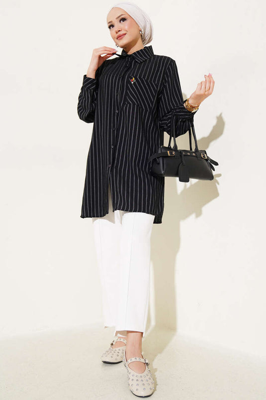 Pocket Stone Detailed Striped Shirt Black