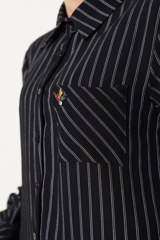 Pocket Stone Detailed Striped Shirt Black