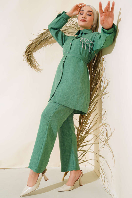 Cep Taş Detaylı Keten İkili Takım Yeşil