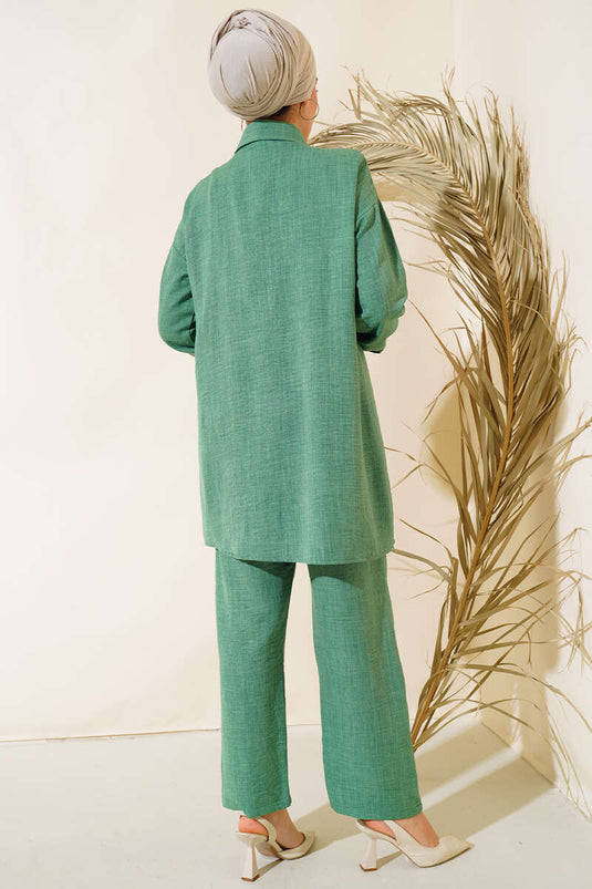Cep Taş Detaylı Keten İkili Takım Yeşil