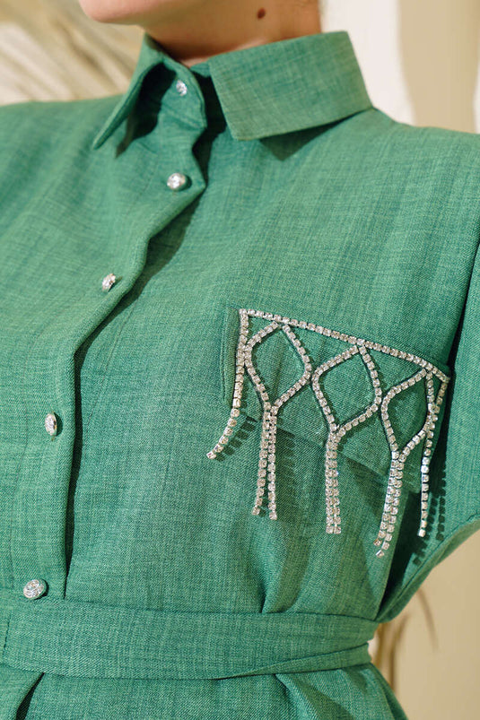 Cep Taş Detaylı Keten İkili Takım Yeşil