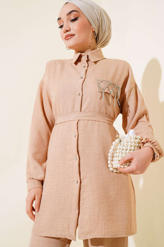 Cep Taş Detaylı Keten İkili Takım Latte