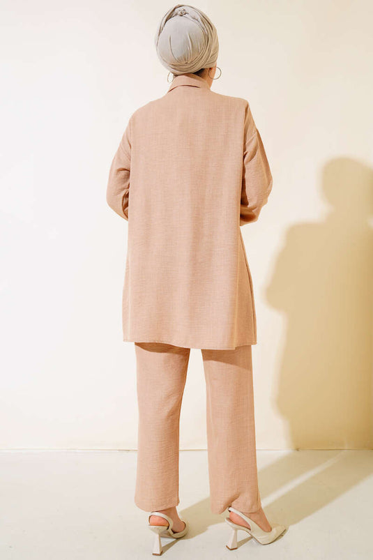 Cep Taş Detaylı Keten İkili Takım Latte