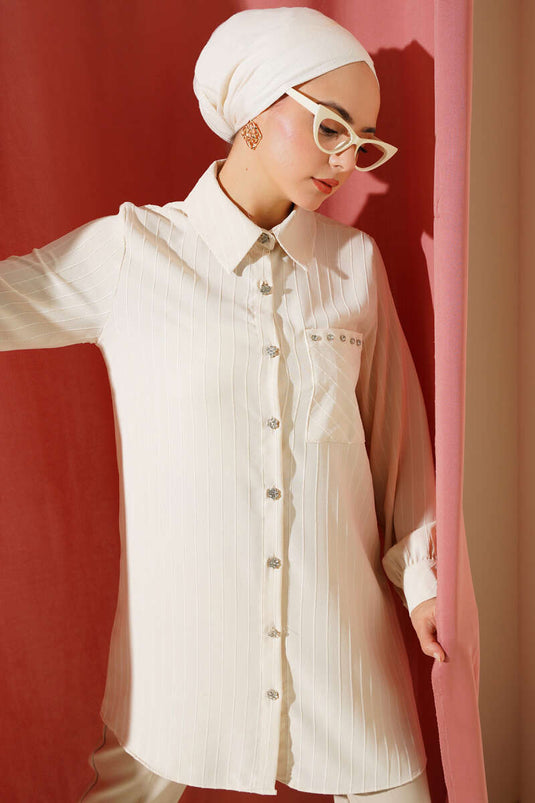 Beige Striped Shirt with Pocket