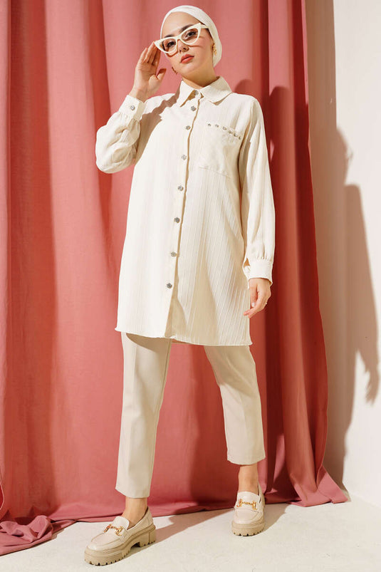 Beige Striped Shirt with Pocket