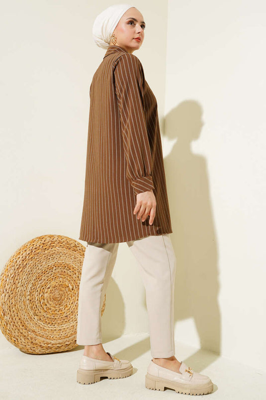 Stone-Button Striped Shirt Brown