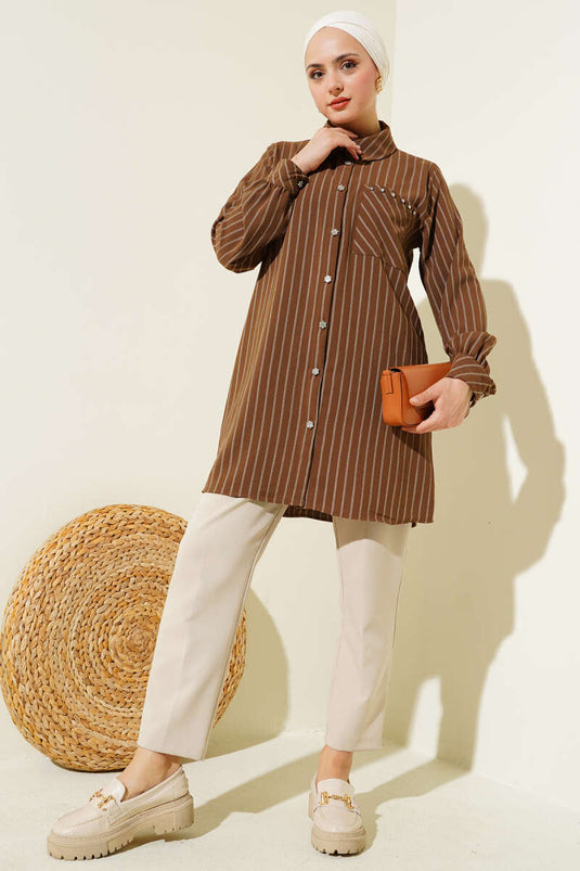 Stone-Button Striped Shirt Brown