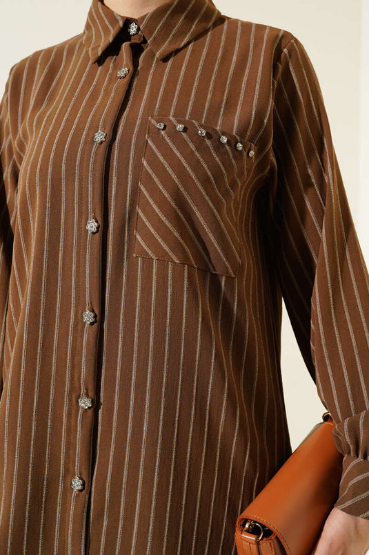 Stone-Button Striped Shirt Brown