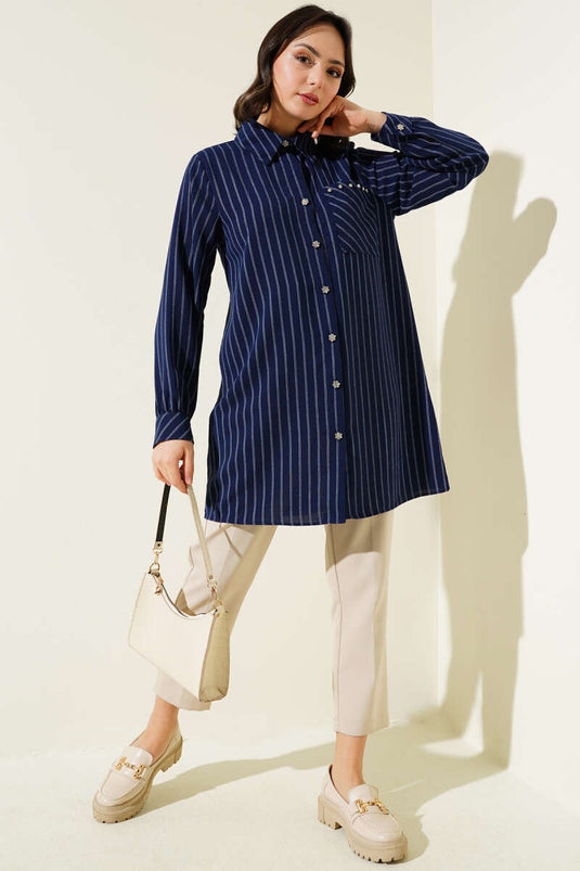 Navy Striped Shirt with Pocket