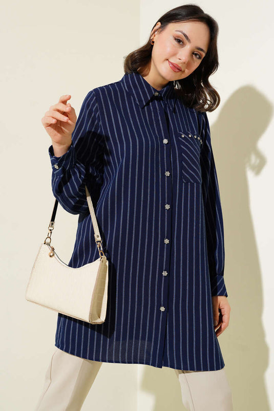 Chemise rayée Pocket Stone bleu marine