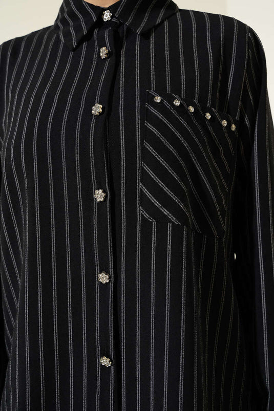 Chemise rayée Pocket Stone noire