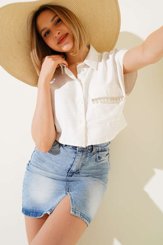 Crop Linen Shirt with Pocket Stones Beige