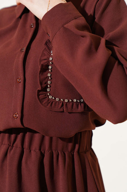 Abito due pezzi con gonna a balze in pietra tascabile marrone