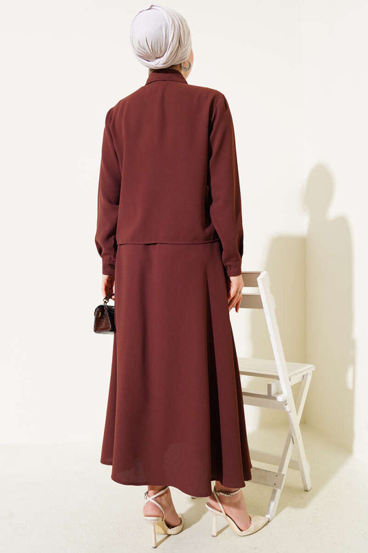 Abito due pezzi con gonna a balze in pietra tascabile marrone