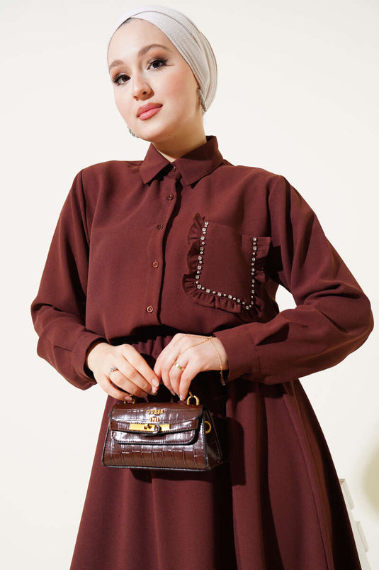 Abito due pezzi con gonna a balze in pietra tascabile marrone