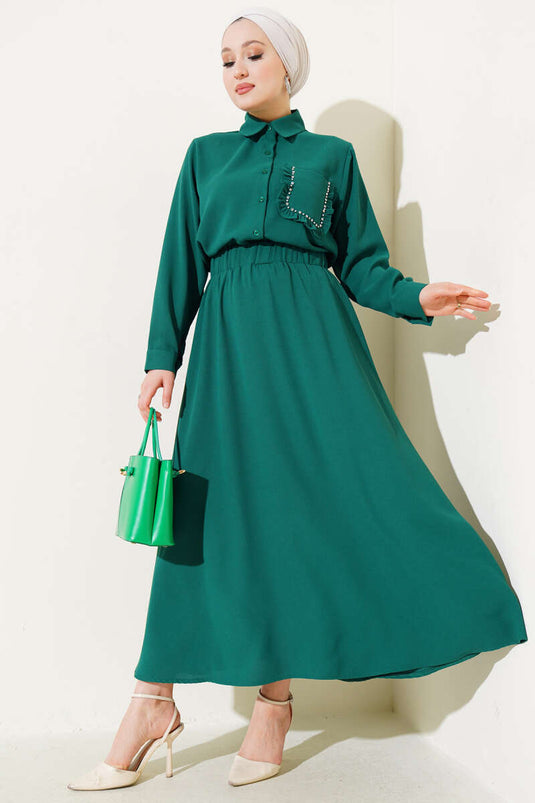 Green Two-Piece Set with Ruffled Skirt and Stone Detail