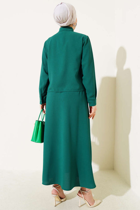 Green Two-Piece Set with Ruffled Skirt and Stone Detail