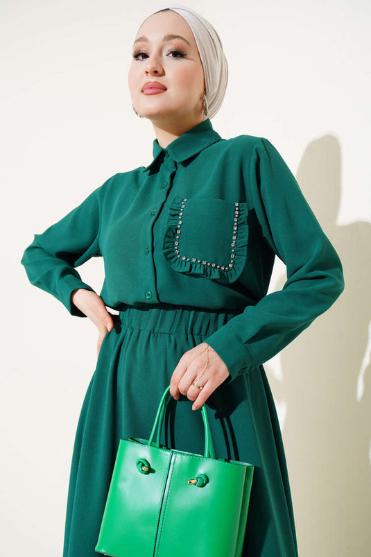 Green Two-Piece Set with Ruffled Skirt and Stone Detail