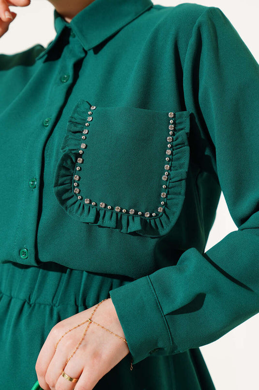 Green Two-Piece Set with Ruffled Skirt and Stone Detail