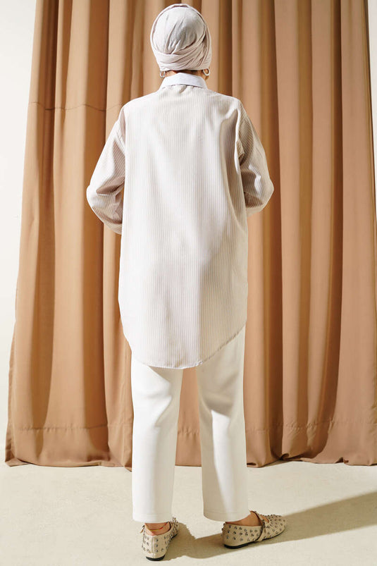 Chemise à rayures fines Pocket Stone beige