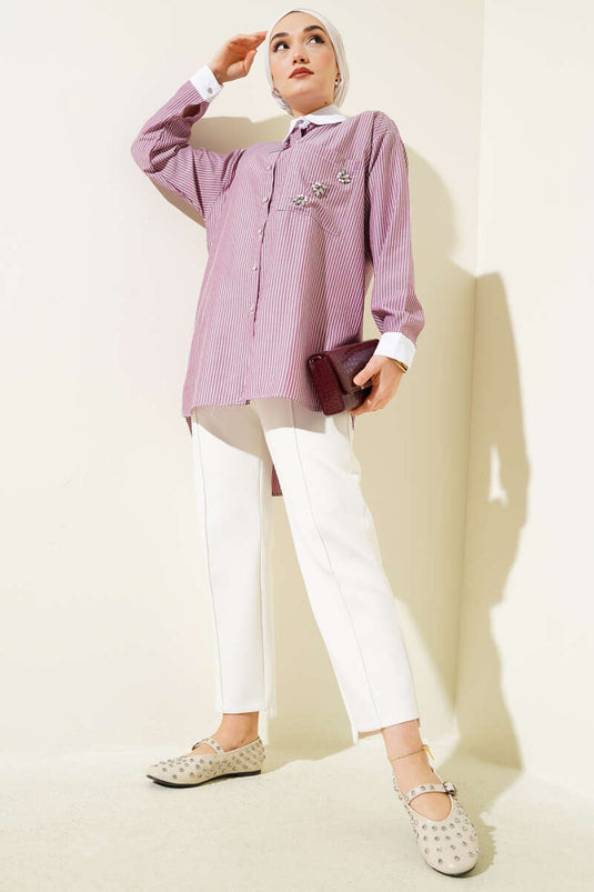 Pocket Stone Dun Gestreept Overhemd Bordeaux Rood