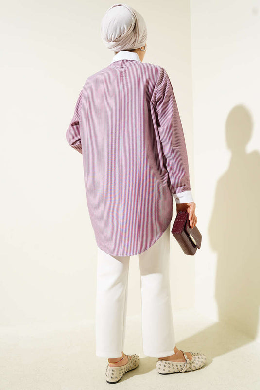 Pocket Stone Dun Gestreept Overhemd Bordeaux Rood