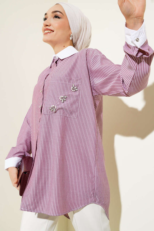 Pocket Stone Dun Gestreept Overhemd Bordeaux Rood